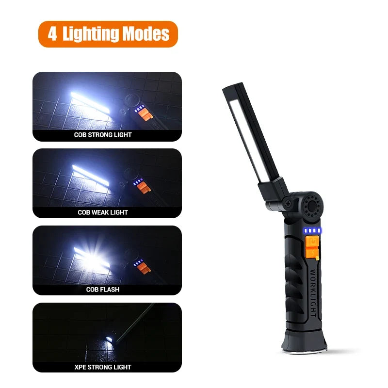USB Rechargeable LED Flashlight With Magnetic Hook Power Bank 18650 Battery Torch