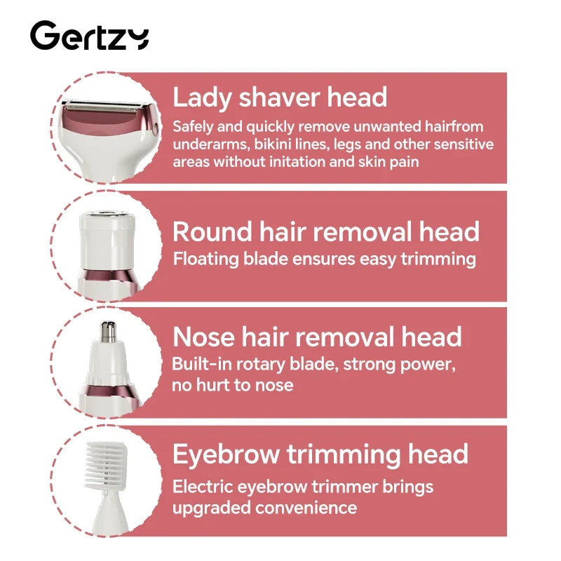 4-in-1 Rechargeable Electric Razor for Women - Face, Nose, Legs, Underarm, Bikini Trimmer